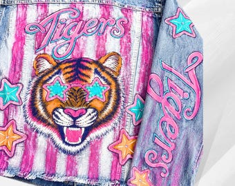 Hand-Painted Custom Mascot Denim Jacket | Rhinestone School Spirit (Tigers, Cougars, etc.)