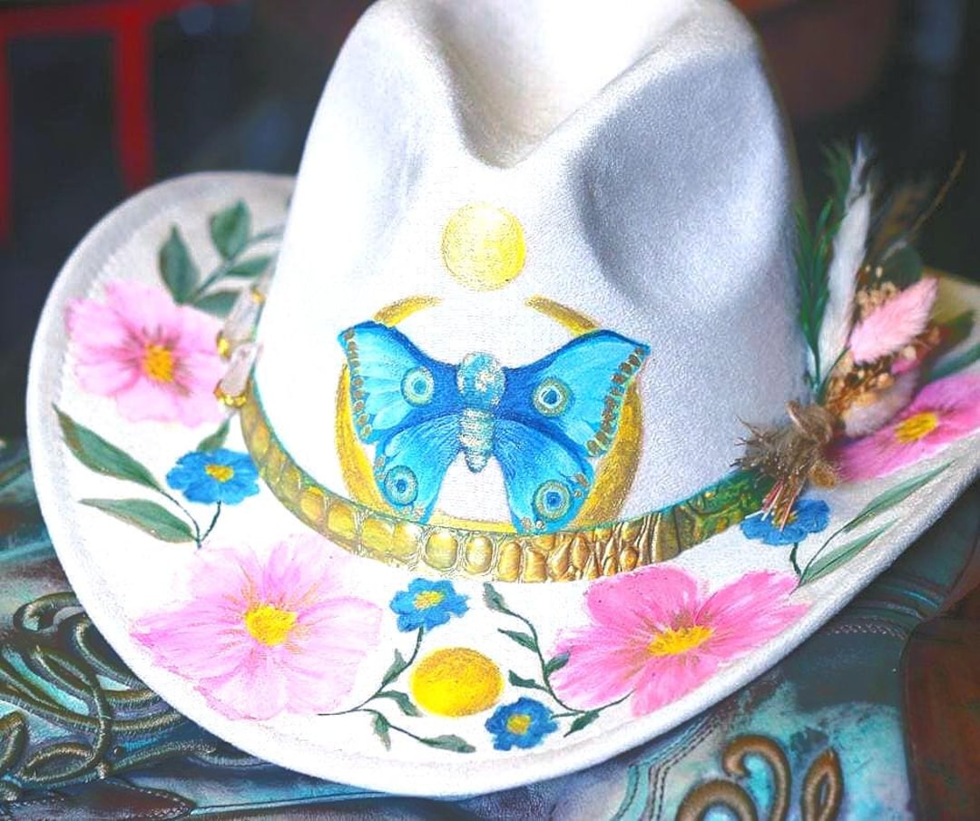 Hand-painted Butterfly Cowboy Hat: Floral Boho Western  display picture 3