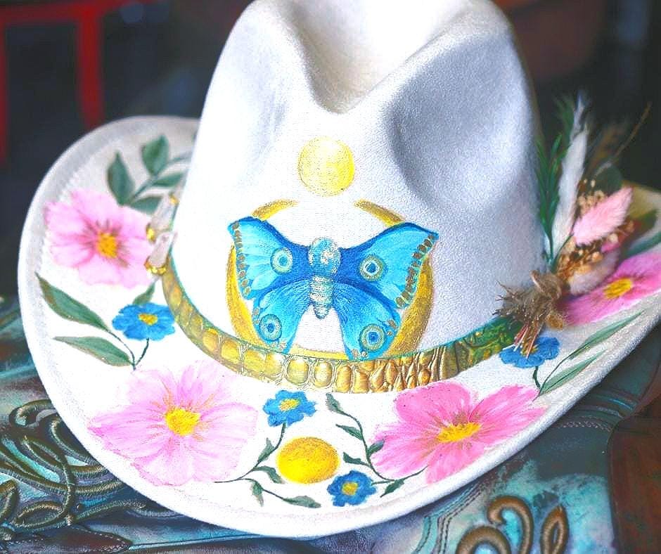 Hand-painted Butterfly Cowboy Hat: Floral Boho Western  display picture 2