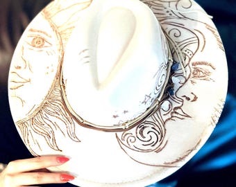 Hand Burned Moon and Sun Wide Brim Hat: Celestial Boho Fashion