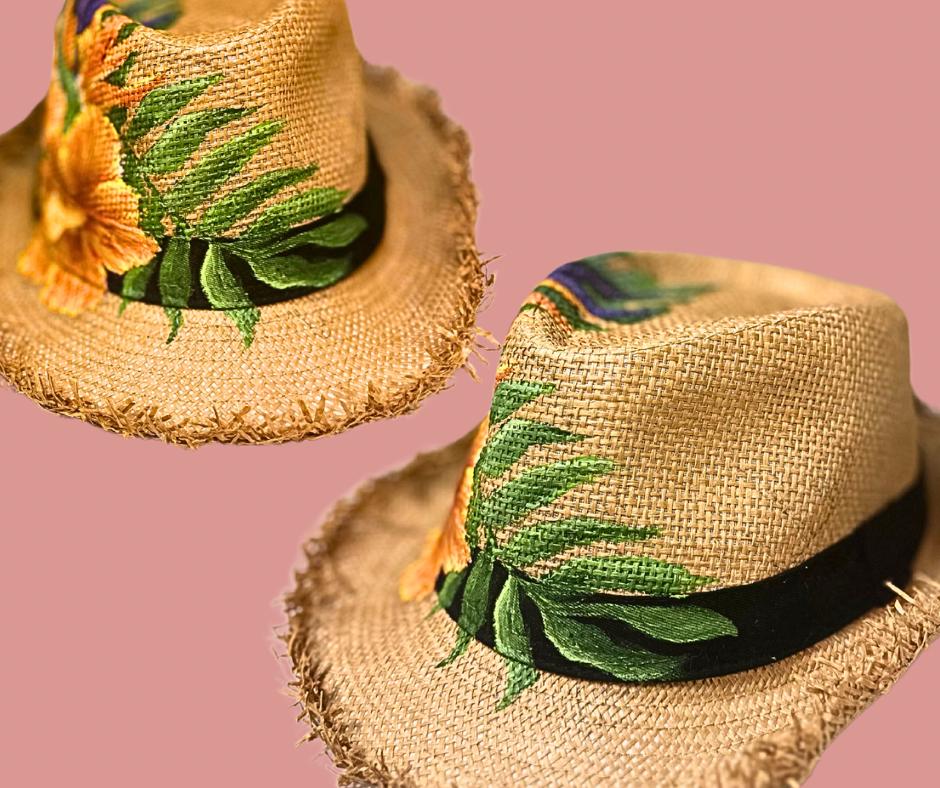 Boho Hand Painted Artisan Straw Fedora‎ Hat Floral Hibiscus Art Resort Aloha Hand-painted Hibiscus Fedora: Tropical Straw Summer Hat - Etsy main image 4