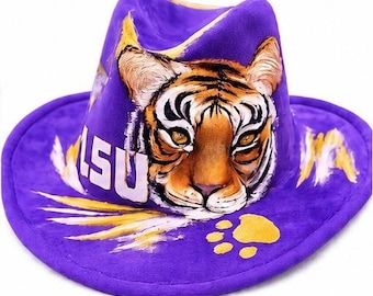 LSU Tiger Hand Painted Purple Fedora Hat – Custom Game Day Western Hat – LSU Fan Gift – Louisiana Boutique Hat – Wearable Art