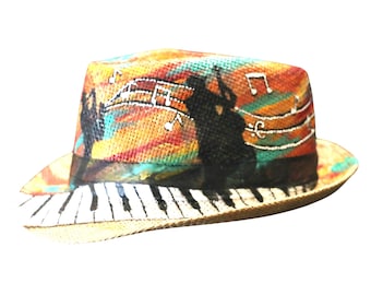 Hand Painted Straw Hat, Music Notes, Piano Keys, Boho Western Statement Fedora