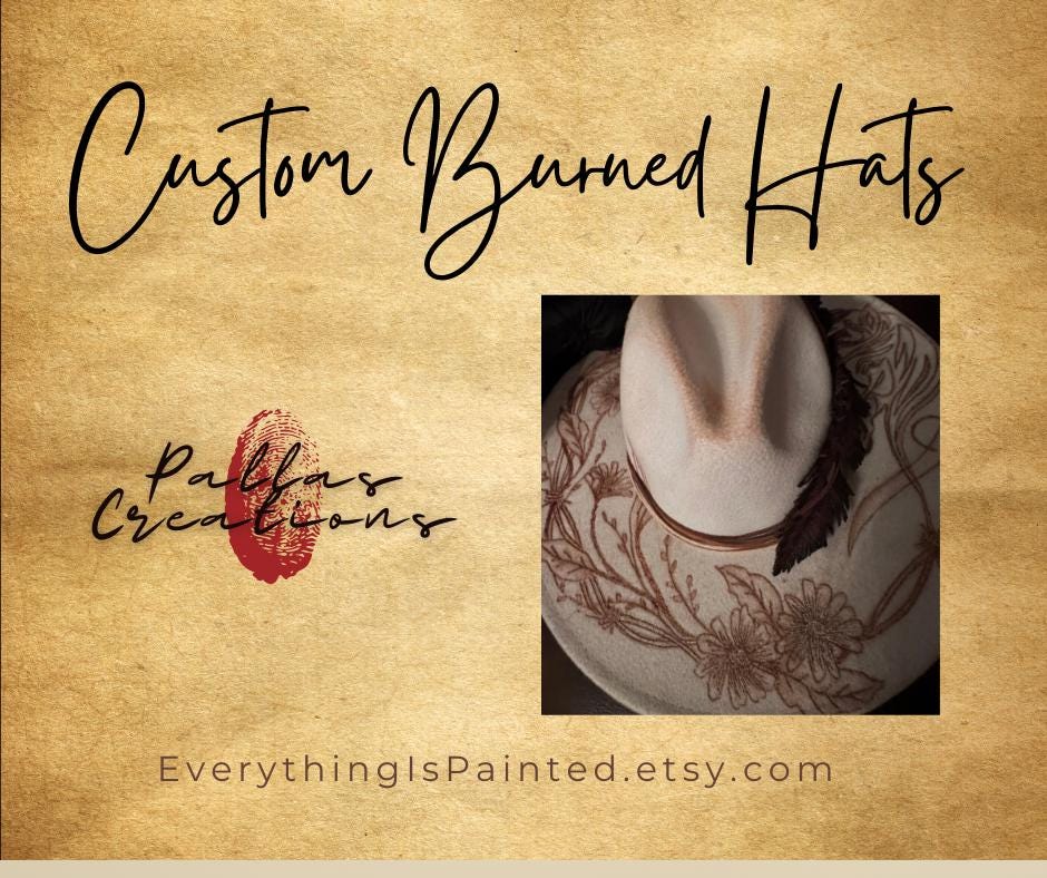 Hand Burned Cowboy Hat: Horse & Flower Wide Brim Fedora - Etsy display picture 1