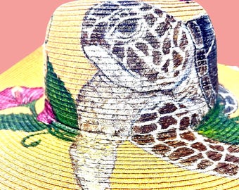 Hand-Painted Sea Turtle Straw Hat: Wide Brim Summer Sun Protection