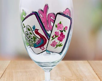 Vidrio Mahjong pintado a mano / Diseño de fichas de pavo real y flores