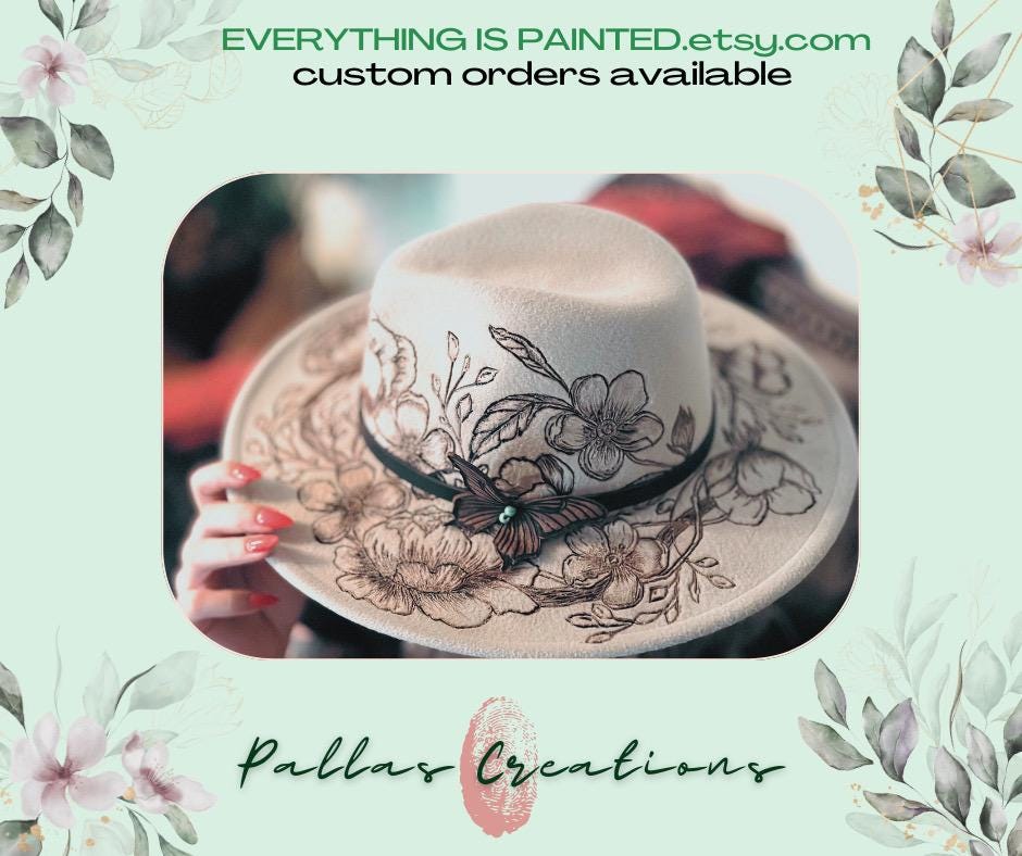 Hand Burned Wide Brim Fedora Rancher Hat Cream Flowers  display picture 3
