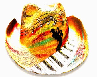 Hand Painted Straw Cowboy Hat: Piano Keyboard, Musician Art, Jazz Festival Wearable Art