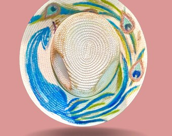 Peacock white wide brim straw hat hand painted adjustable size