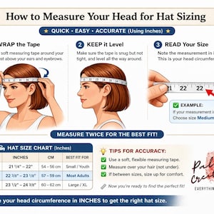 May include: Diagram illustrating how to measure head circumference for hat sizing. Includes instructions, a hat size chart in inches and centimeters, and tips for accuracy. The chart shows sizes S (21 1/4"-22" / 54-56 cm), M (22 3/8"-23 1/8" / 57-59 cm), and L (23 1/2"-24 3/8" / 60-62 cm).
