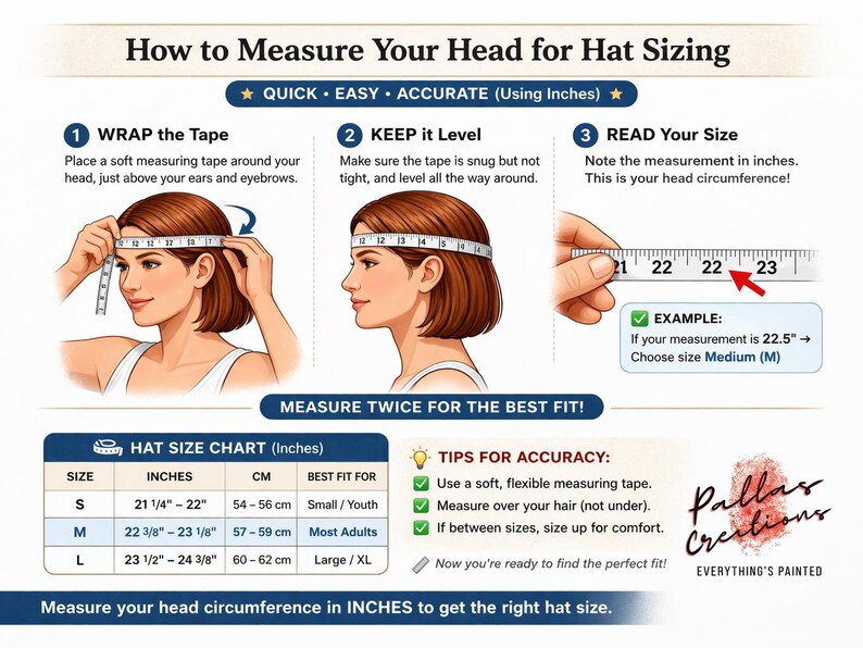 May include: Diagram illustrating how to measure head circumference for hat sizing. Includes instructions, a hat size chart in inches and centimeters, and tips for accuracy. The chart shows sizes S (21 1/4"-22" / 54-56 cm), M (22 3/8"-23 1/8" / 57-59 cm), and L (23 1/2"-24 3/8" / 60-62 cm).