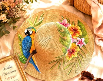 Hand Painted Tropical Parrot Straw Sun Hat | Wide Brim Resort Wear, Vacation Beach Accessory