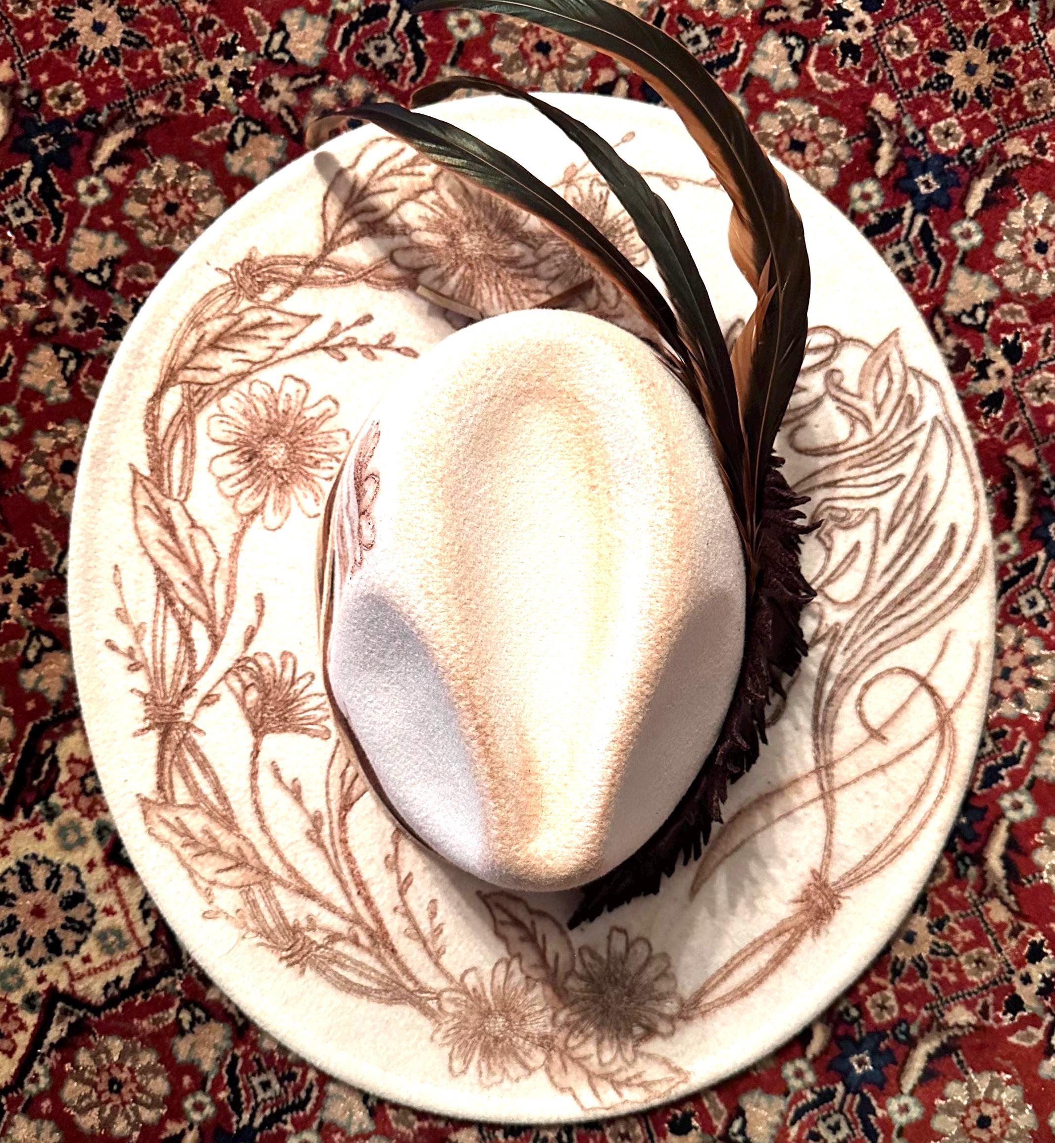 Rust Hand Burned Fedora Cowboy Hat With Horse and Outdoor Scene Hand Burned Wide Brim Fedora | Western, Cowgirl, Lainey  main image 3