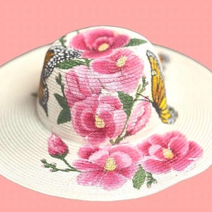 Red Panama Hat with flower and butterfly painting Paint your own hat Art Kit - Butterflies & Flowers – Big Sky  main image 3