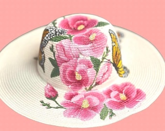 Hand-Painted Butterfly Floral Straw Hat: Wide Brim Sun Hat