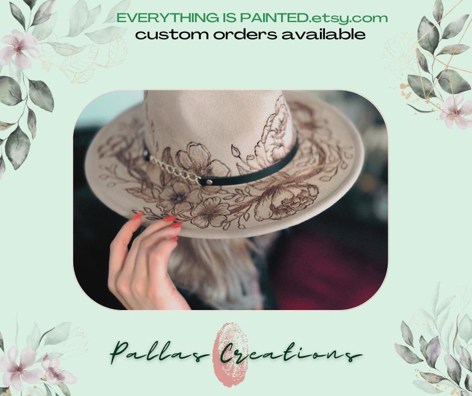 Divine Babe Co Still The One Wide Brim Fedora Hat Cream Floral Burned Feather M Floral Burned Hat, Floral Engraved Cowboy Hat, Sunflower Hat  main image 3