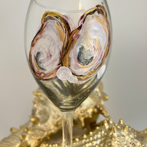 Oyster and Pearl - coastal feel - One 20oz  Hand Painted Wine Glass