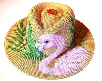 Hand-Painted Flamingo Straw Fedora: Tropical Beach Sun Hat