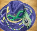 Mardi Gras Purple Suede Hat: Hand-Painted Mask, Peacock Feathers