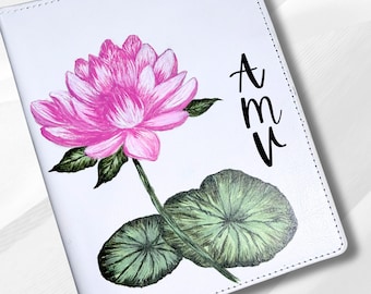 Hand-Painted Lotus Mahjong Card Folio, Personalized Initials, Floral Gift