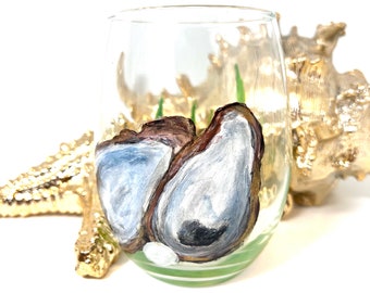 Oyster and Pearl - Hand Painted - Stemless Wine Glass or Short Whiskey Glass