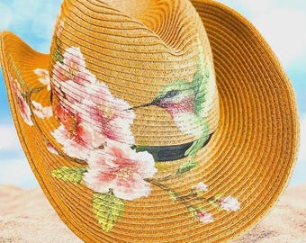 Hand-Painted Straw Cowboy Hat: Cherry Blossom Hummingbird Boho Sun Hat