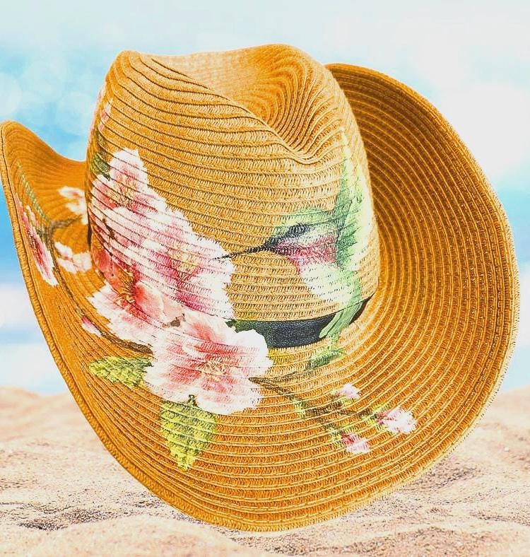 Hand-painted Straw Cowboy Hat: Cherry Blossom Hummingbird  display picture 3