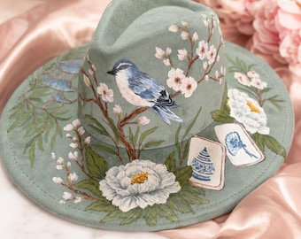 Hand Painted Bird & Floral Mahjong Tile Hat | Wearable Art Hat | Mint Green Wide Brim Hat | Cottagecore Garden Hat