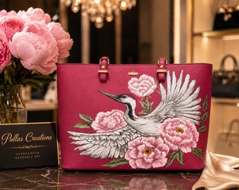 Hand Painted Crane Peony Tote | Chinoiserie Floral Handbag, Wearable Art Bag