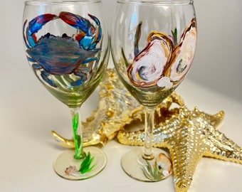 Crab and Oyster Set - Two 16oz Hand Painted Wine Glasses