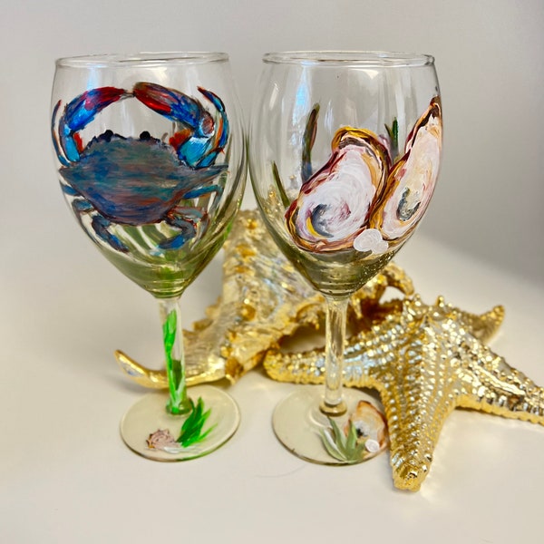 Crab and Oyster Set - Two 16oz Hand Painted Wine Glasses