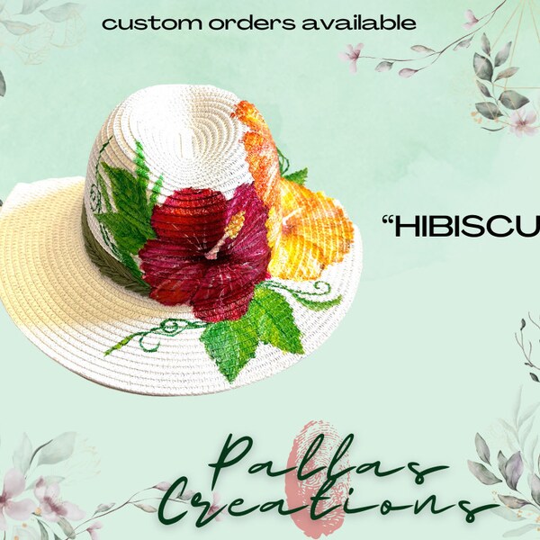 Beach straw hat painted hibiscus red orange yellow.  Great for Easter, Kentucky Derby, or picnics.