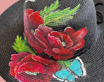 Butterflies and Poppies Hand painted  black straw hat. Festival spring summer beach sun protection.