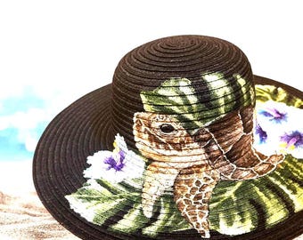 Hand-Painted Sea Turtle Hibiscus Straw Hat: Wide Brim Summer Sun Hat