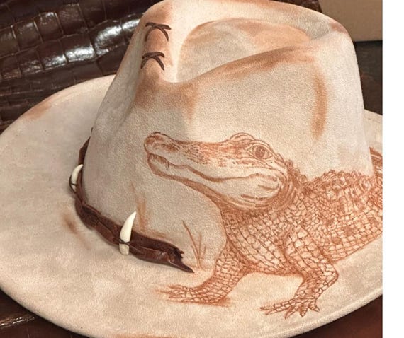 Hand-Burned Alligator Cowboy Hat: Vegan Suede Western Style perfect for Father's Day