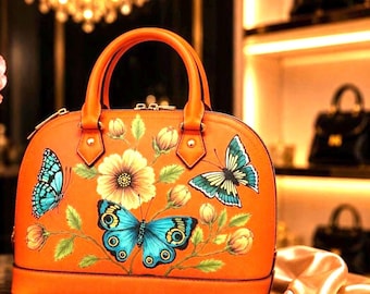 Hand Painted Butterfly Handbag | Orange Floral Tote | Wearable Art Purse