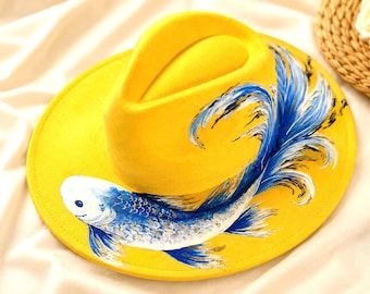 Hand Painted Koi Fish Hat | Yellow Rancher Hat | Wearable Art Hat | Blue White Koi Hat | Women’s Statement Hat | Gift for Her