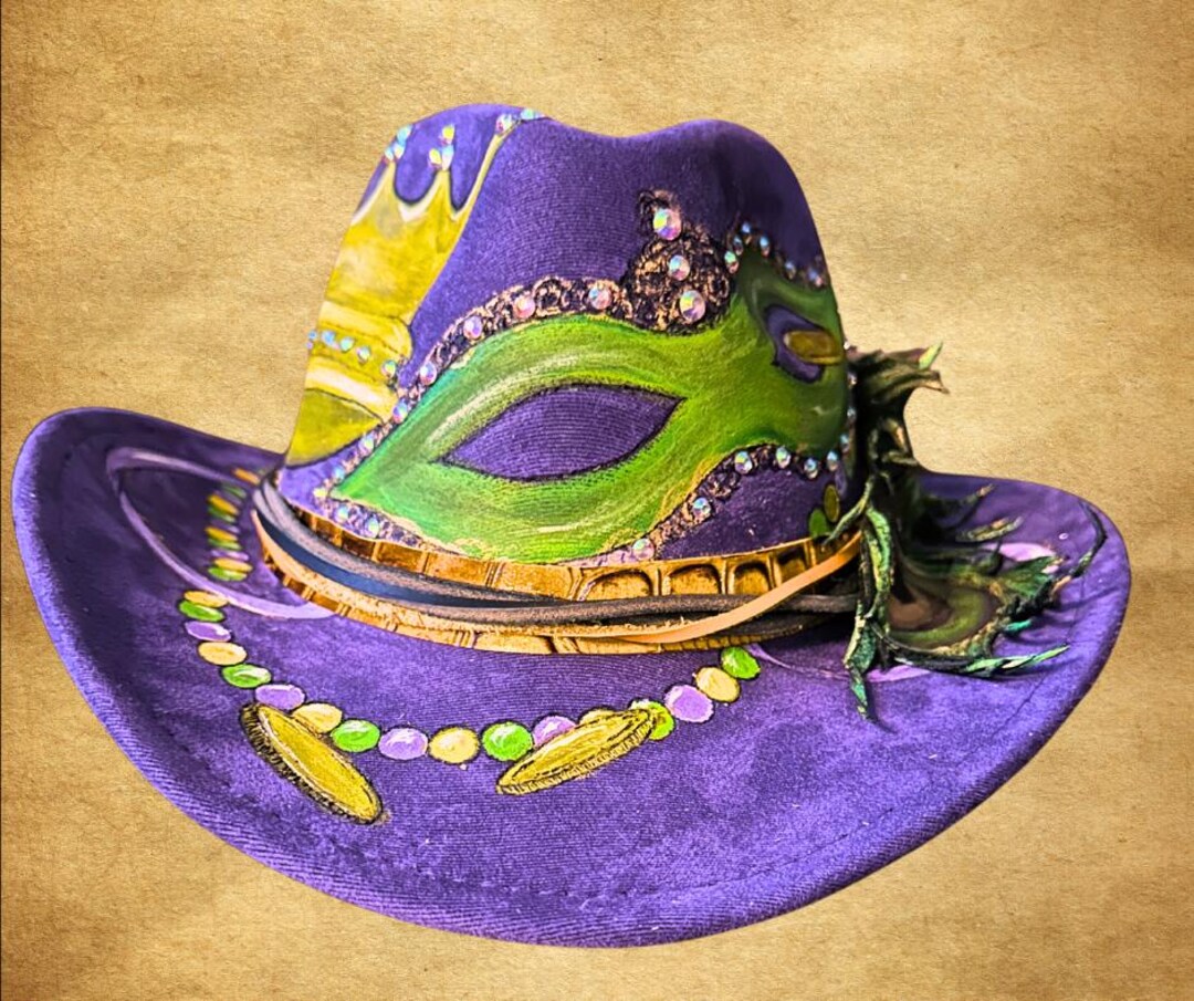 Hand-painted and Burned Mardi Gras Cowboy Hat: Rhinestone 