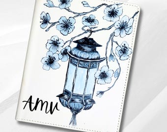 Hand-Painted Chinoiserie Mahjong Card Folio, Personalized Blue Lantern Blossom Holder