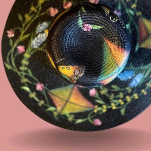 Kites Flowers and Butterflies Hand-Painted Wide Brim Black Straw Hat – Unique, Artistic festival Sun Hat. Great Mother's Day gift