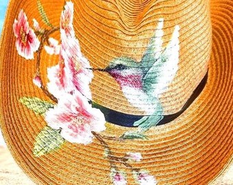Hand-painted Straw Cowboy Hat: Cherry Blossom Hummingbird  display picture 1