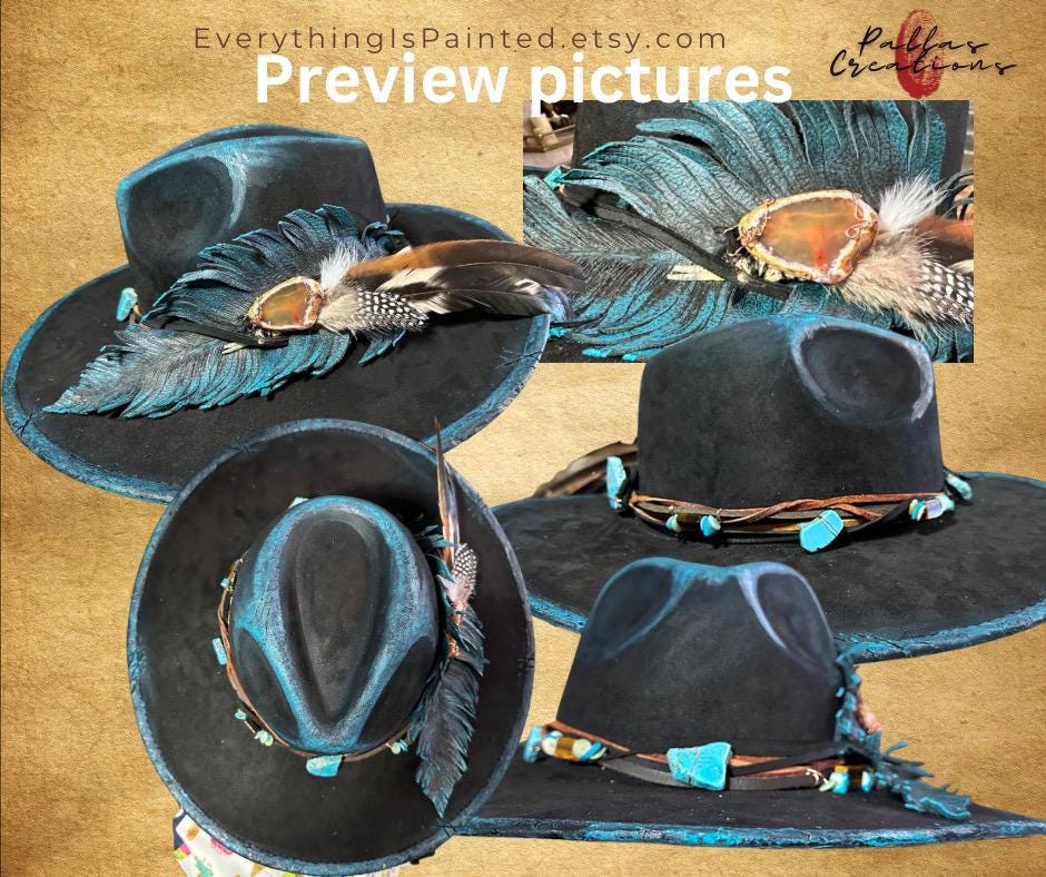 Hand Burned Vegan Suede Wide Brim Fedora: Black Turquoise  display picture 1