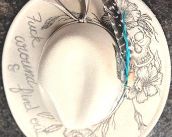 Hand Burned Fedora Hat: FAFO Skull & Flowers, Western Coquette Style