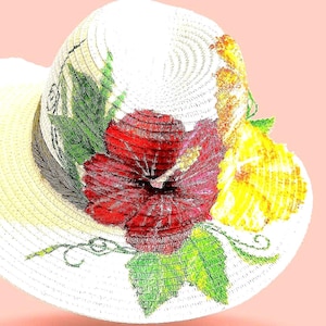 Hand-Painted Hibiscus Fedora: White Wide Brim Straw Hat