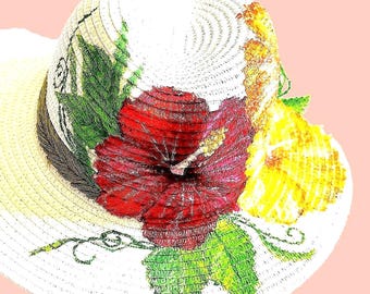 Hand-Painted Hibiscus Fedora: White Wide Brim Straw Hat