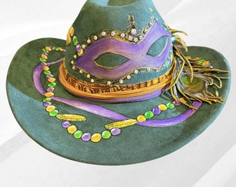 Hand-Painted Mardi Gras Cowboy Hat: Rhinestone Mask, Fleur-de-Lis, Peacock Feathers