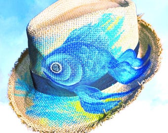 Hand Painted Straw Fedora Hat | Tropical Fish, Ocean Inspired Resort Wear