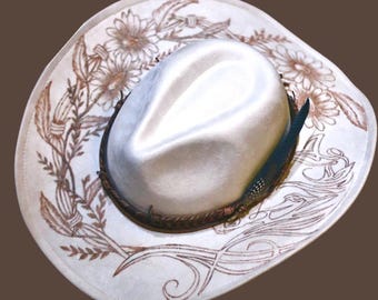 Hand Burned Horse & Flowers Wide Brim Cowgirl Hat Customizable Rodeo Western Hat