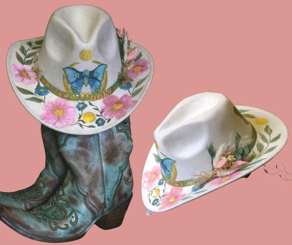 Hand-painted Butterfly Cowboy Hat: Floral Boho Western  display picture 2