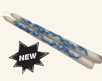Hand Painted Floral 10" Taper Candles: Blue and White - Blue Willow Style.